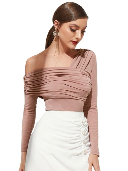 ruched side asymmetrical neck tee s6oe#, White