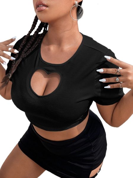 plus solid cut out front crop tee d3jt#, Black