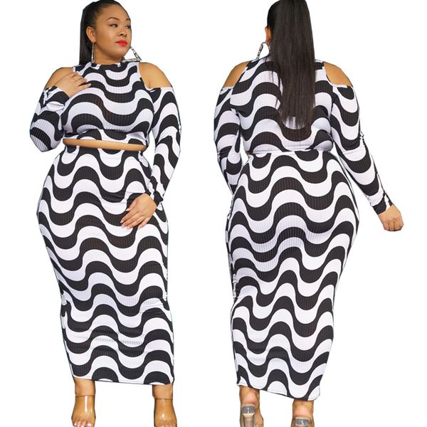 two piece dress women plus size rippel wave print off cold shoulder long sleeve ladies, White
two piece dress women plus size rippel wave print off cold shoulder long sleeve ladies, White