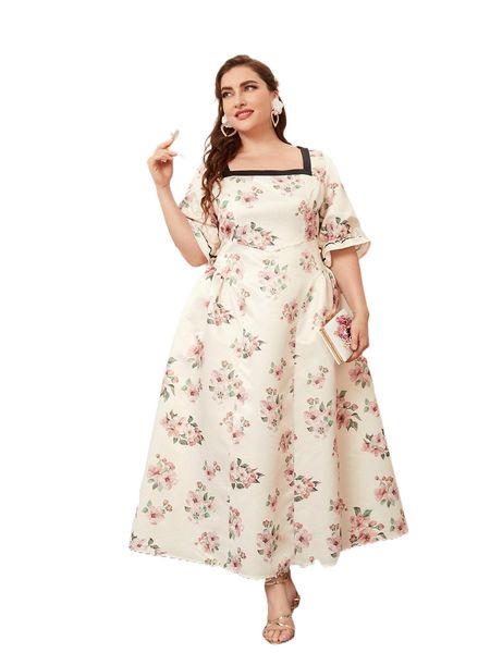plus 1pc floral print contrast trim square neck flounce sleeve dress 320l#, Black
plus 1pc floral print contrast trim square neck flounce sleeve dress 320l#, Black