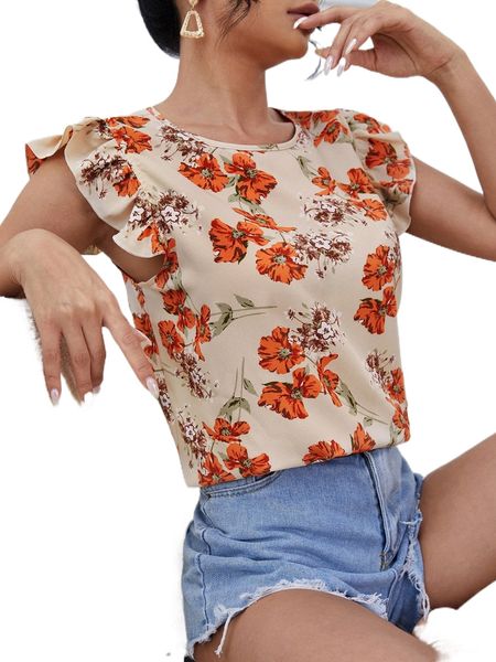 floral print ruffle trim blouse z1em#, White