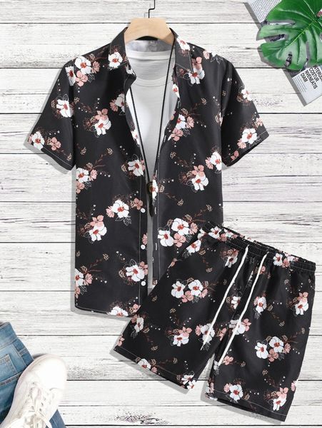 men 1pc floral print shirt & 1pc drawstring waist shorts t1xj#, Gray
men 1pc floral print shirt & 1pc drawstring waist shorts t1xj#, Gray