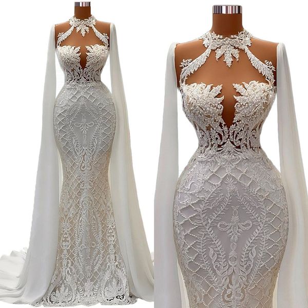 mermaid wedding dresses with sleeve cape halter lace satin appliques pearls v neck bridal gowns floor length robe de mariee plus size, White
mermaid wedding dresses with sleeve cape halter lace satin appliques pearls v neck bridal gowns floor length robe de mariee plus size, White