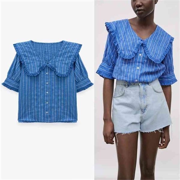 retro blue striped shirt women short puff sleeve openwork embroidery blouse female fashion button up summer 210524, White
retro blue striped shirt women short puff sleeve openwork embroidery blouse female fashion button up summer 210524, White