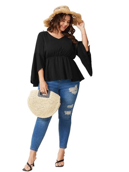 plus solid flounce sleeve peplum blouse i5bs#, Black
