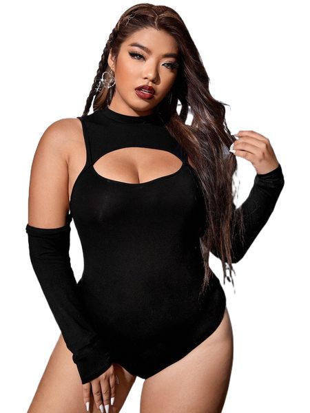 plus cut out cold shoulder bodysuit c5rr#, Black