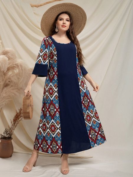 plus geo print scoop neck dress s9vo#, Black