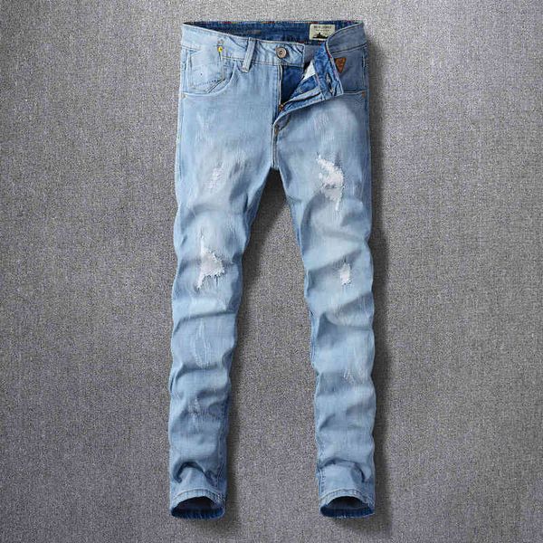 men's jeans summer thin fashion brand light color pierced jeans men's patch slim fit small straight tube personalized casual elast, Blue
men's jeans summer thin fashion brand light color pierced jeans men's patch slim fit small straight tube personalized casual elast, Blue