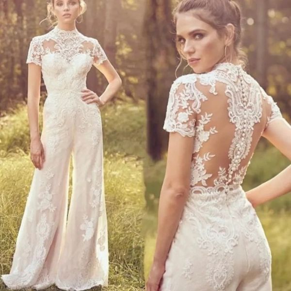 luxury jumpsuits high neck wedding dress short sleeve illusion lace appliques button bride gown vestidos de soiree bes121, White
luxury jumpsuits high neck wedding dress short sleeve illusion lace appliques button bride gown vestidos de soiree bes121, White