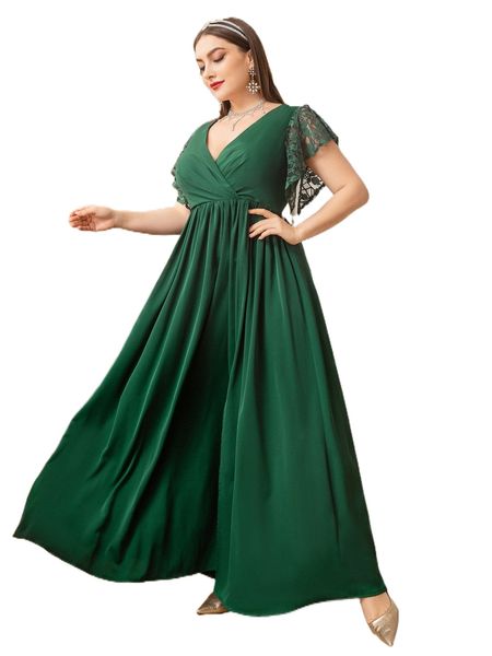 plus contrast lace flutter sleeve overlap collar slit thigh dress z6mi#, Black
plus contrast lace flutter sleeve overlap collar slit thigh dress z6mi#, Black