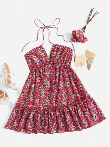 floral print ruffle hem halter dress m3ul#, Black;gray 
floral print ruffle hem halter dress m3ul#, Black;gray