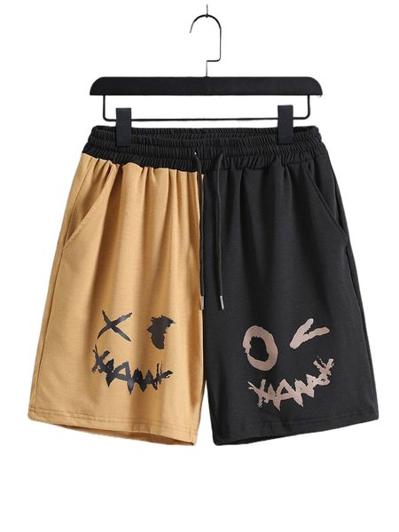 men expression print two tone drawstring waist shorts y7ul#, White;black