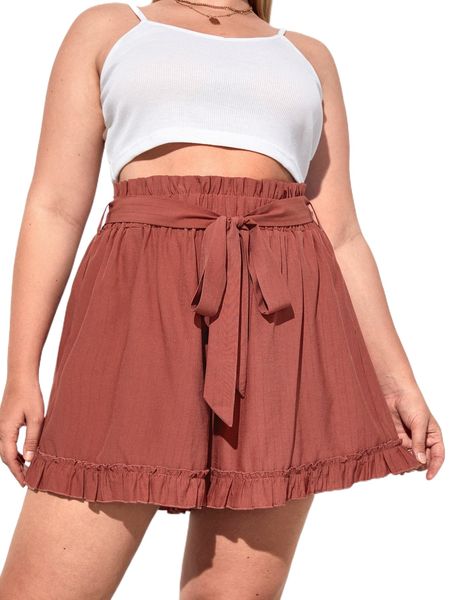 plus paperbag waist ruffle hem belted shorts i1td#, Black