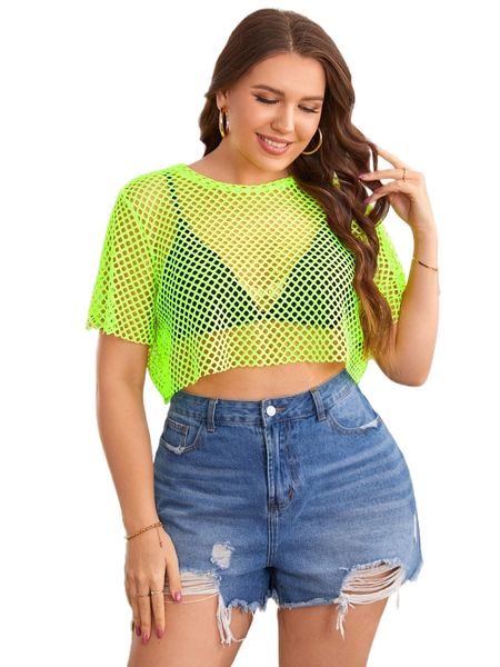plus neon lime fishnet mesh crop without bra o2q6#, Black