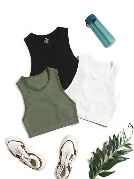 3pcs seamless high stretch rib-knit sports tank z5l8#, Gray 
3pcs seamless high stretch rib-knit sports tank z5l8#, Gray