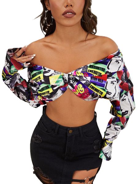 figure & letter graphic off shoulder crop t6na#, White