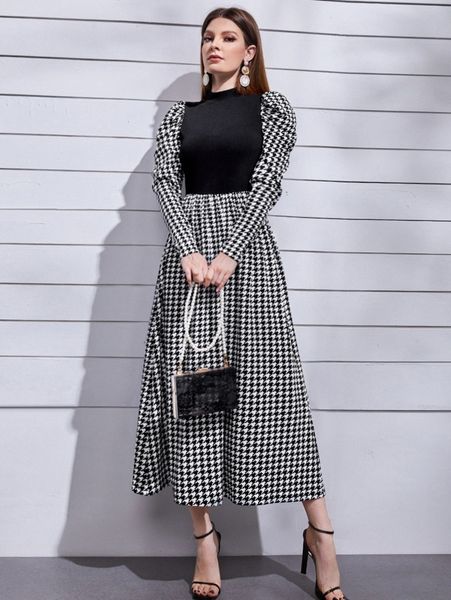mock neck leg-of-mutton sleeve houndstooth dress 02ut#, Black;gray