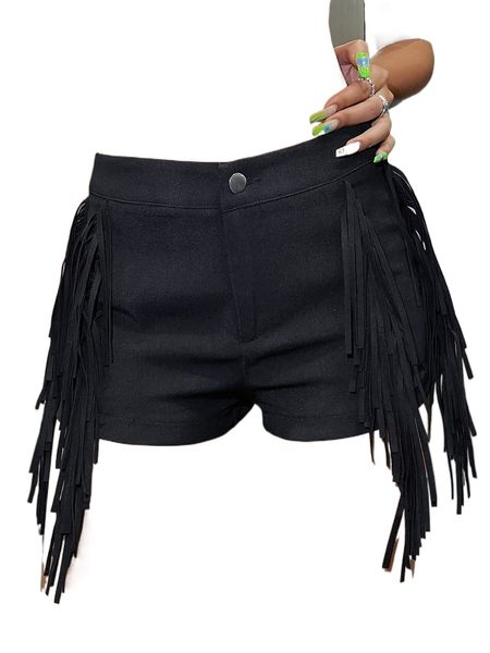 fringe trim straight leg shorts g0f3#, White;black