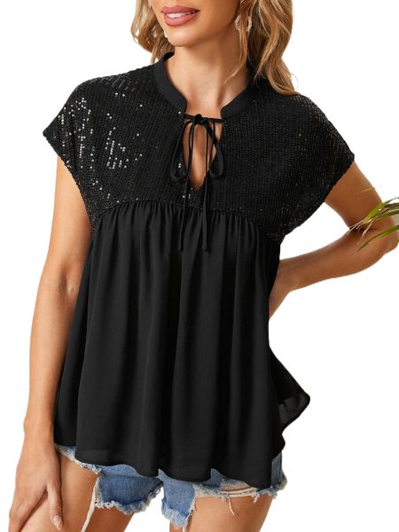 tie neck contrast sequin ruffle hem blouse x86q#, White
tie neck contrast sequin ruffle hem blouse x86q#, White