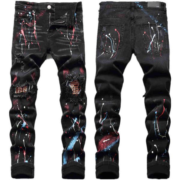 men's jeans high end black hand-painted jeans men's fashion brand slim fit small feet autumn and winter hole nail bead long pants, Blue
men's jeans high end black hand-painted jeans men's fashion brand slim fit small feet autumn and winter hole nail bead long pants, Blue