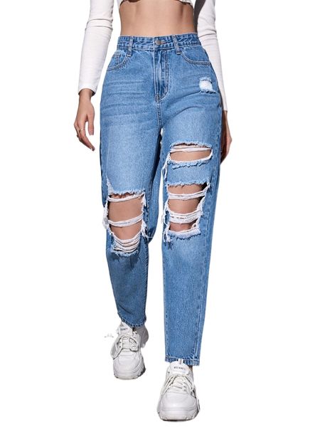 high waist ripped washed jeans 865d#, Blue 
high waist ripped washed jeans 865d#, Blue