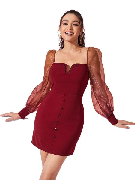 x stephanie dailey embroidery v wired contrast mesh lantern sleeve dress 01c9#, Black;gray
x stephanie dailey embroidery v wired contrast mesh lantern sleeve dress 01c9#, Black;gray