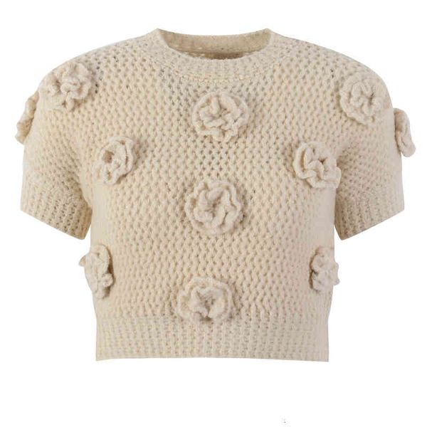 women's knits tees three dimensional flower gentle style women's round neck sweater short sleeve spring net red same a7, White
women's knits tees three dimensional flower gentle style women's round neck sweater short sleeve spring net red same a7, White