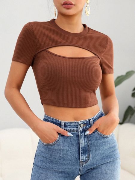 cut out ribbed knit tee 52me#, White