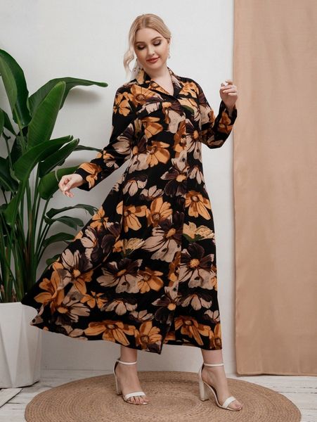 plus floral print button front dress y1j0#, Black
plus floral print button front dress y1j0#, Black