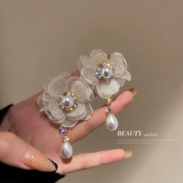 925 silver needle organza white flower earrings korean style rhinestone pearl eardrops sweet super fairy mori earrings fashion, Golden
925 silver needle organza white flower earrings korean style rhinestone pearl eardrops sweet super fairy mori earrings fashion, Golden