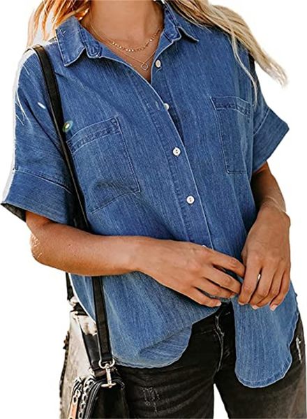 & tees fashion women denim casual button down shirt v neck shorts sleeves shirts denim, White
& tees fashion women denim casual button down shirt v neck shorts sleeves shirts denim, White