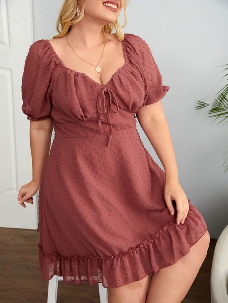 plus swiss dot knot front ruffle hem a-line dress 74ai#, Black
plus swiss dot knot front ruffle hem a-line dress 74ai#, Black