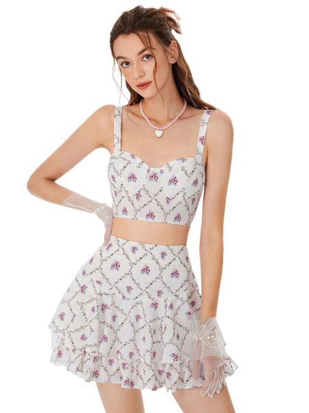 mod floral print cami & two layer hem skirt m5up#, White
