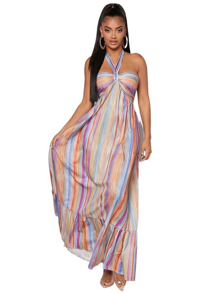 sxy block striped ruffle hem shirred tie backless halter dress v0zb#, Black;gray
sxy block striped ruffle hem shirred tie backless halter dress v0zb#, Black;gray