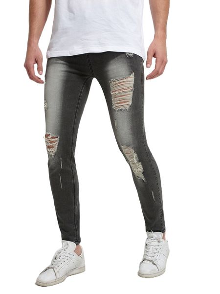 men bleach wash ripped carrot jeans f383#, Blue