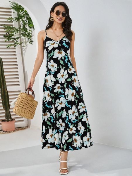 floral print cami dress 85e8#, Black;gray