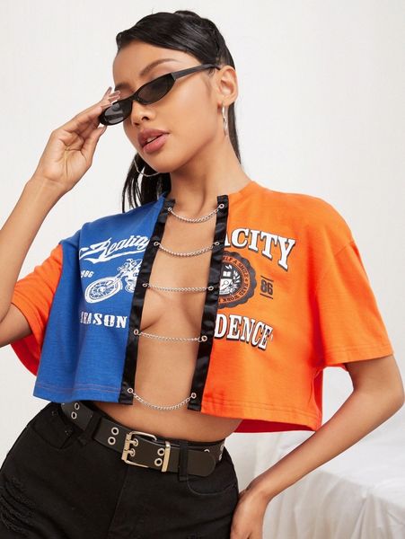 motorcycle & letter graphic drop shoulder chain detail tee u1ya#, White