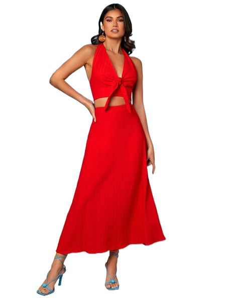 knot front backless halter & skirt d6xn#, White 
knot front backless halter & skirt d6xn#, White