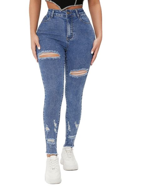 petite high waisted ripped raw hem skinny jeans u710#, Blue 
petite high waisted ripped raw hem skinny jeans u710#, Blue