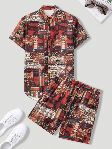 men random patchwork print shirt & shorts d3wd#, Gray 
men random patchwork print shirt & shorts d3wd#, Gray