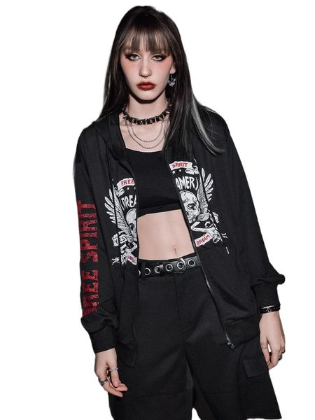 romwe punk rock letter skull & wings graphic zip up drawstring hoodie t8um#, Black
romwe punk rock letter skull & wings graphic zip up drawstring hoodie t8um#, Black