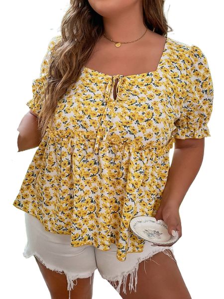 plus allover floral print puff sleeve tie front peplum blouse h2e2#, Black