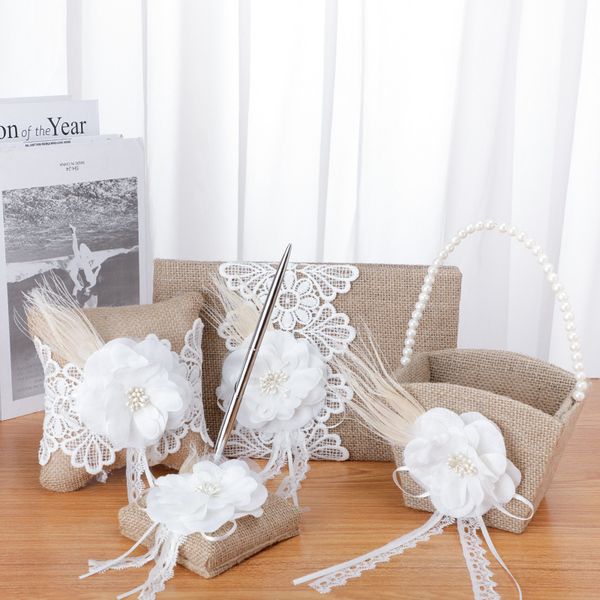 vintage burlap wedding supplies guest book set & ring pillows & flower baskets with lace bowknot
vintage burlap wedding supplies guest book set & ring pillows & flower baskets with lace bowknot