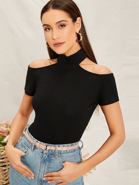 cold shoulder rib-knit v5sd#, White