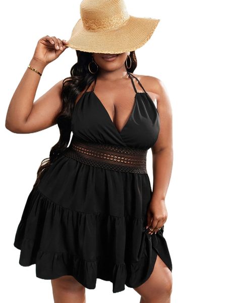 sxy plus guipure lace panel tie backless ruffle hem halter dress f4c8#, Black
sxy plus guipure lace panel tie backless ruffle hem halter dress f4c8#, Black