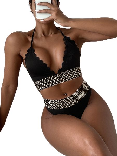 scallop trim stitch detail halter high waisted bikini swimsuit g3uv#, White;black
scallop trim stitch detail halter high waisted bikini swimsuit g3uv#, White;black
