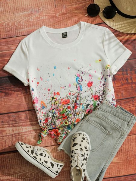 floral print crew neck tee w4xc#, White