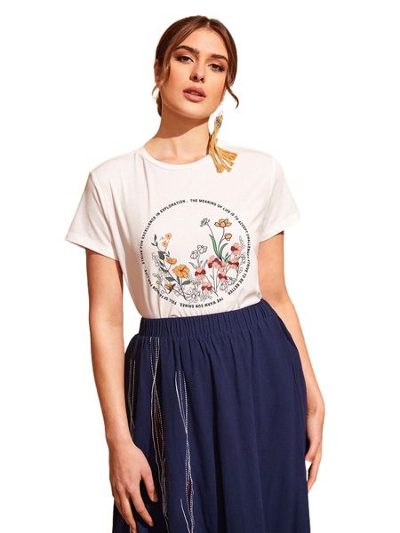slogan & floral print tee l6fh#, White 
slogan & floral print tee l6fh#, White
