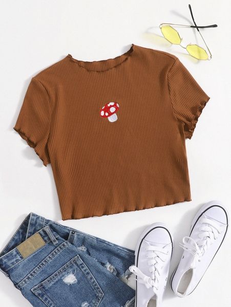 mushroom embroidered rib-knit tee v6ll#, White