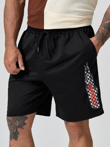 extended sizes men letter & checker print track shorts 13uf#, White;black 
extended sizes men letter & checker print track shorts 13uf#, White;black